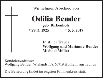 Traueranzeige von Odilia Bender von Trauerportal Rhein Main Presse