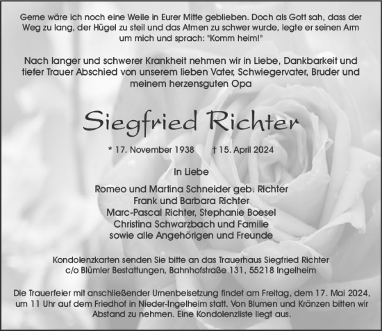 Traueranzeige von Siegfried Richter von Allgemeine Zeitung Bingen/Ingelheim
