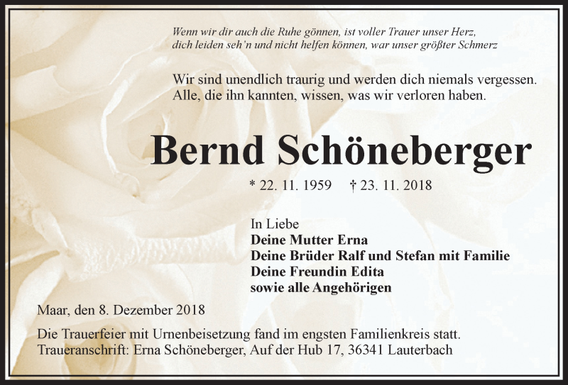  Traueranzeige für Bernd Schöneberger vom 08.12.2018 aus VRM Trauer