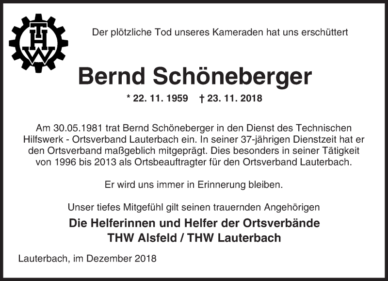  Traueranzeige für Bernd Schöneberger vom 08.12.2018 aus VRM Trauer