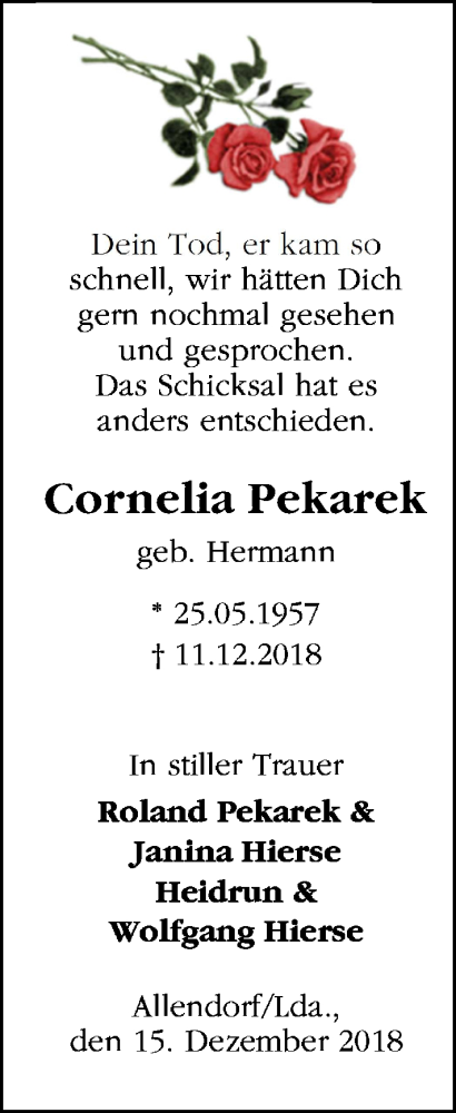  Traueranzeige für Cornelia Pekarek vom 15.12.2018 aus 202 Dill Block (120)