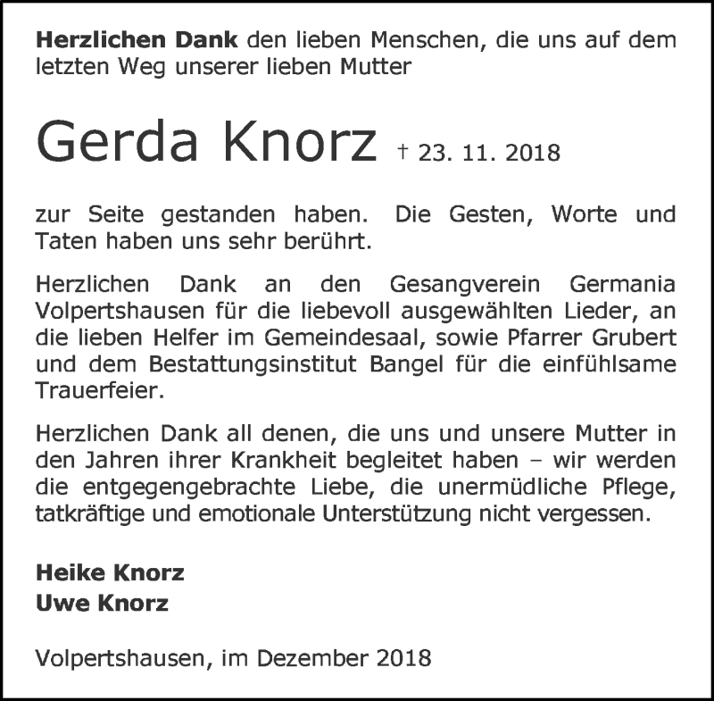  Traueranzeige für Gerda Knorz vom 22.12.2018 aus 201 WNZ - Wetzlarer Neue Zeitung (110)
