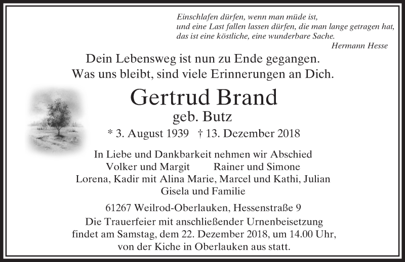  Traueranzeige für Gertrud Brand vom 19.12.2018 aus 564 Usinger Anzeiger