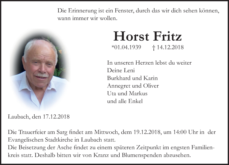 Traueranzeige für Horst Fritz vom 17.12.2018 aus 560 Gießener Anzeiger
