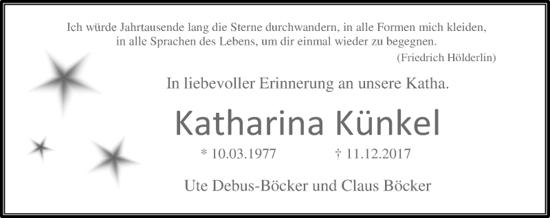  Traueranzeige für Katharina Künkel vom 11.12.2018 aus  HA - Hinterländer Anzeiger ()