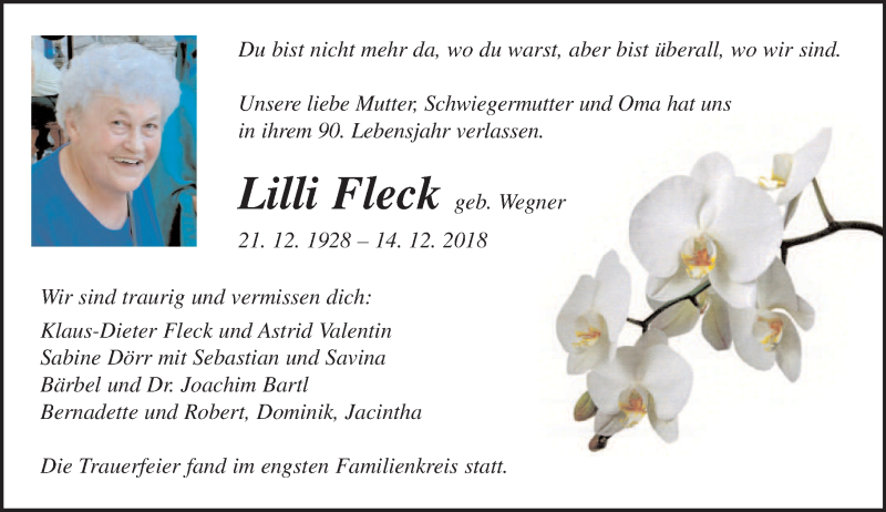  Traueranzeige für Lilli Fleck vom 29.12.2018 aus 560 Gießener Anzeiger