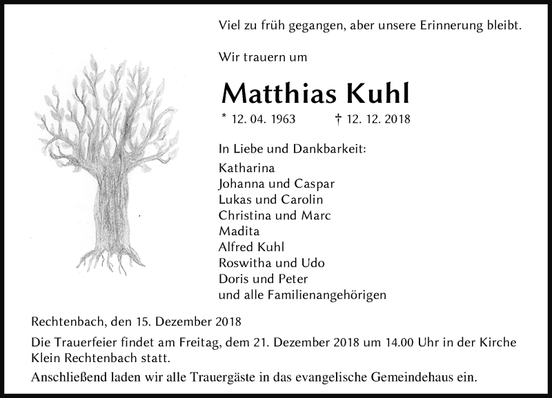  Traueranzeige für Matthias Kuhl vom 15.12.2018 aus 201 WNZ - Wetzlarer Neue Zeitung (110)
