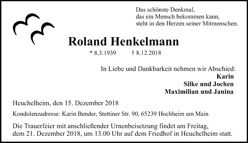  Traueranzeige für Roland Henkelmann vom 15.12.2018 aus 560 Gießener Anzeiger
