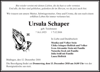Traueranzeige von Ursula Schaper von 561 Kreisanzeiger