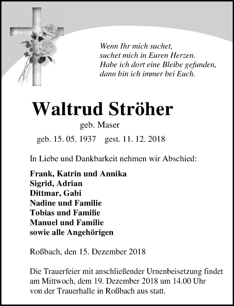  Traueranzeige für Waltrud Ströher vom 15.12.2018 aus 201 WNZ - Wetzlarer Neue Zeitung (110)