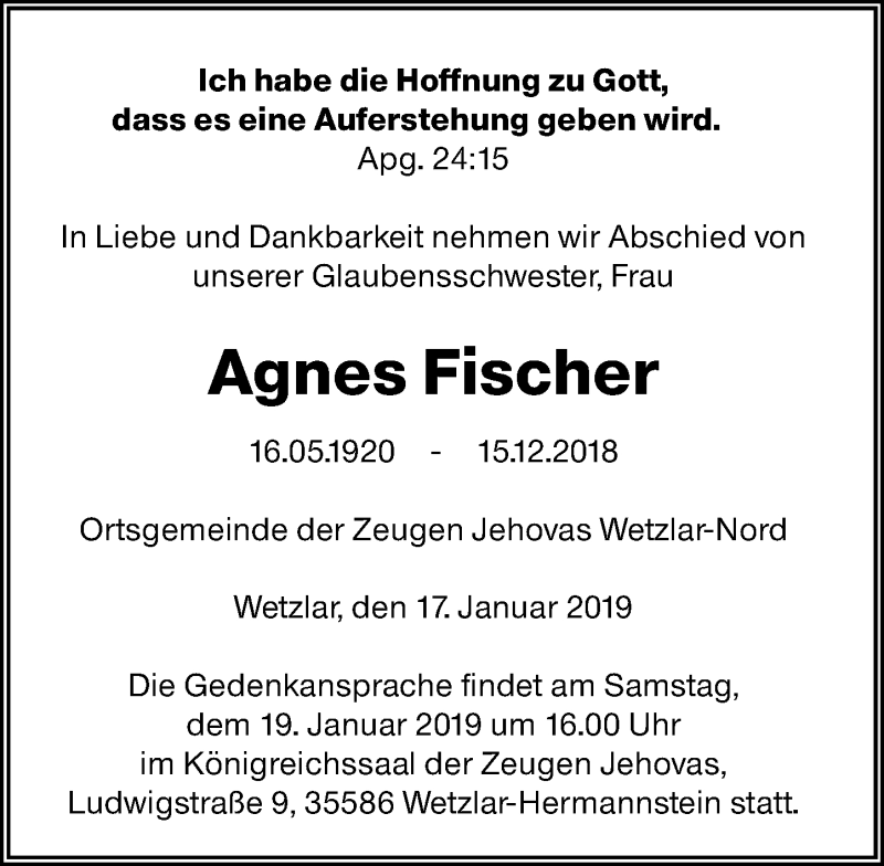  Traueranzeige für Agnes Fischer vom 17.01.2019 aus 201 WNZ - Wetzlarer Neue Zeitung (110)