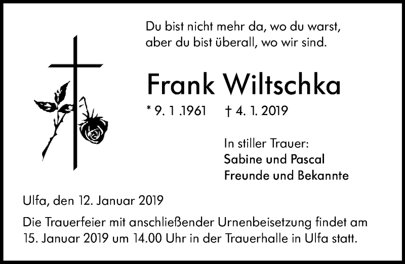  Traueranzeige für Frank Wiltschka vom 12.01.2019 aus 561 Kreisanzeiger