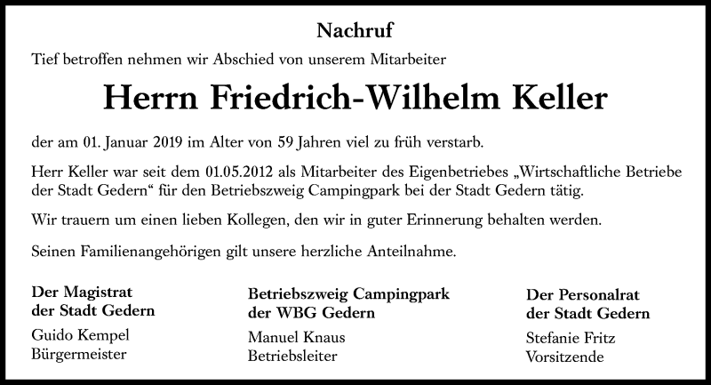  Traueranzeige für Friedrich-Wilhelm Keller vom 11.01.2019 aus 561 Kreisanzeiger