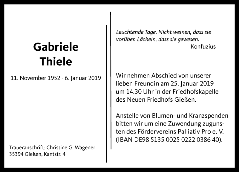  Traueranzeige für Gabriele Thiele vom 12.01.2019 aus 560 Gießener Anzeiger