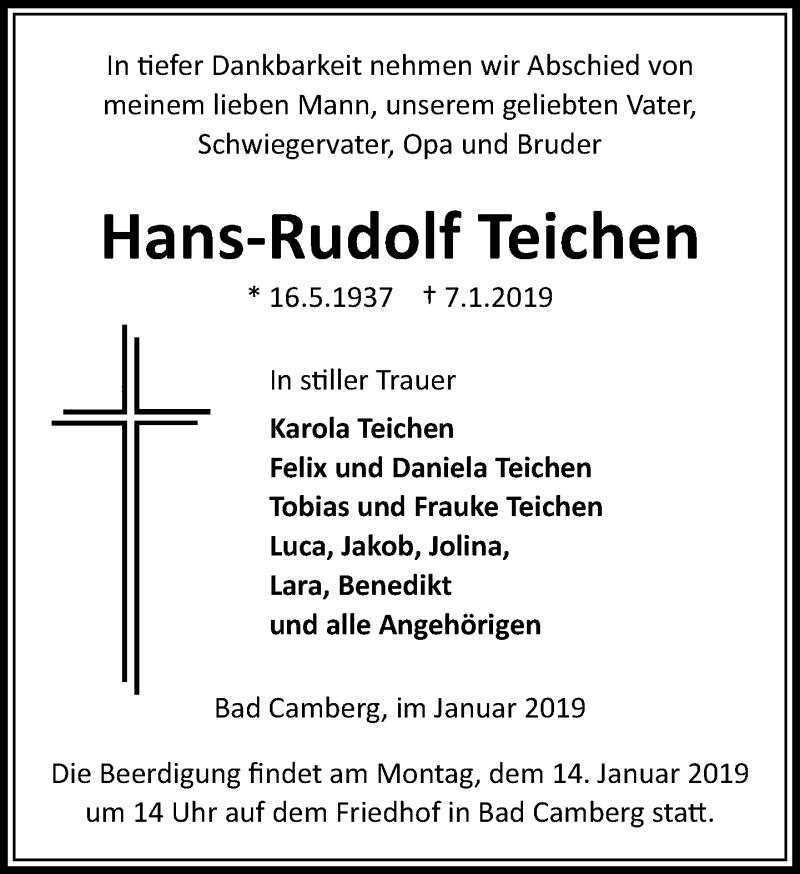  Traueranzeige für Hans-Rudolf Teichen vom 10.01.2019 aus 582 Camberger Anzeiger