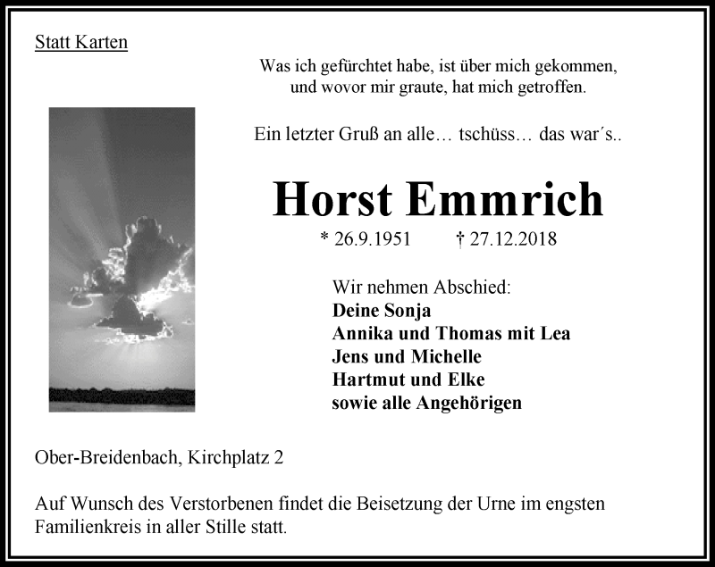  Traueranzeige für Horst Emmrich vom 05.01.2019 aus VRM Trauer