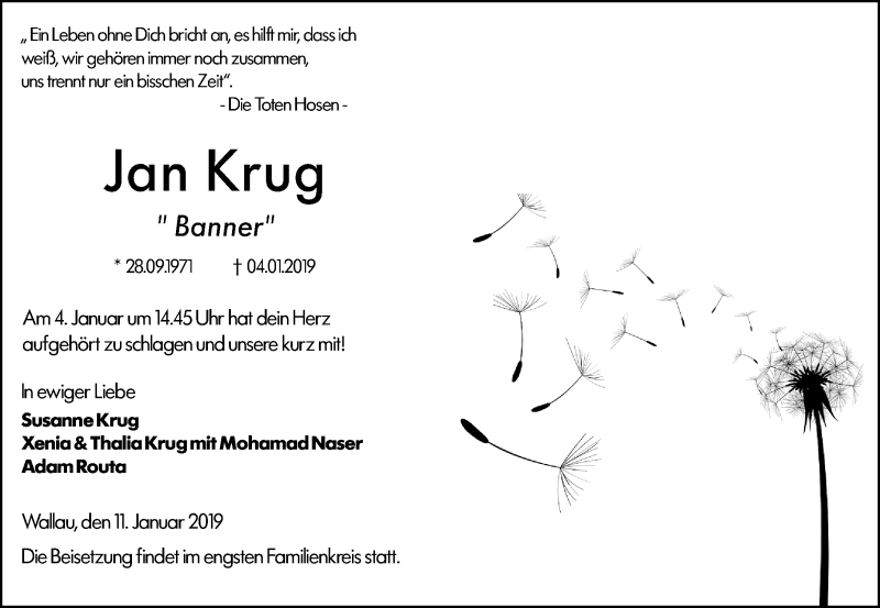  Traueranzeige für Jan Krug vom 11.01.2019 aus 205 HA - Hinterländer Anzeiger (130)