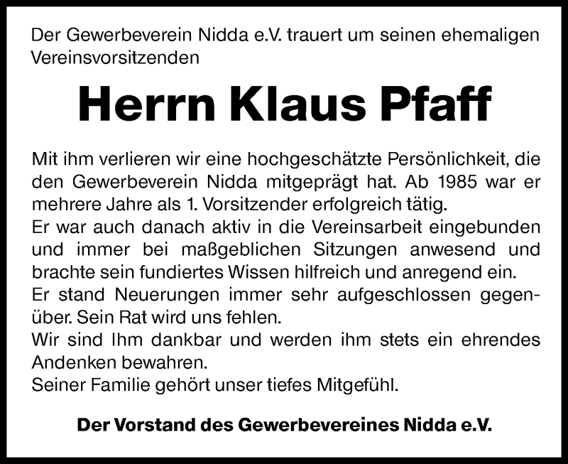  Traueranzeige für Klaus Pfaff vom 08.01.2019 aus 561 Kreisanzeiger