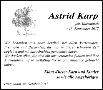 Traueranzeige von Astrid Karp von Wetzlarer Neue Zeitung