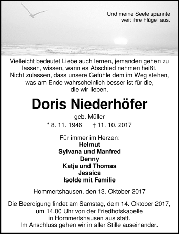 Traueranzeige von Doris Niederhöfer von Wetzlarer Neue Zeitung