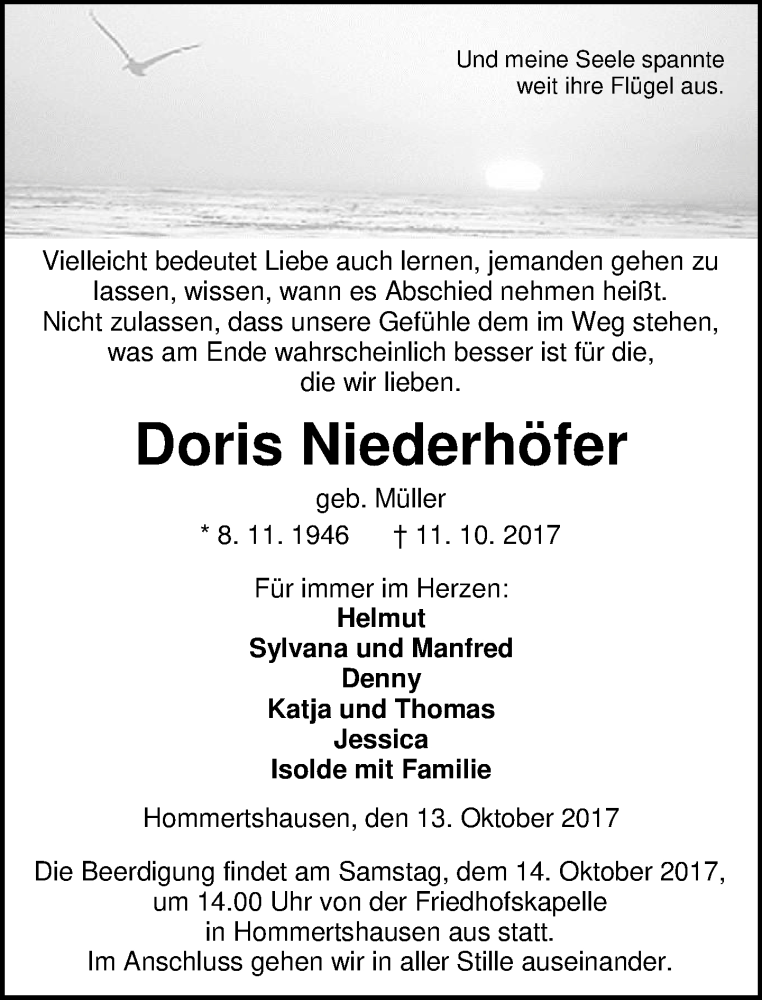  Traueranzeige für Doris Niederhöfer vom 13.10.2017 aus Wetzlarer Neue Zeitung