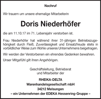 Traueranzeige von Doris Niederhöfer von Wetzlarer Neue Zeitung