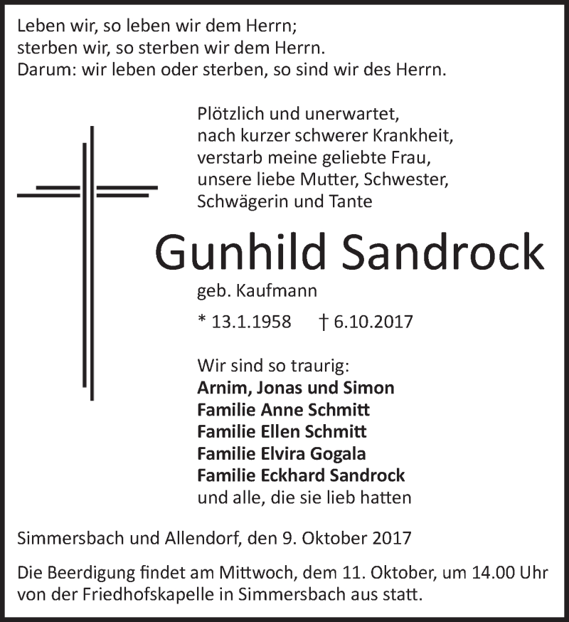  Traueranzeige für Gunhild Sandrock vom 09.10.2017 aus Wetzlarer Neue Zeitung