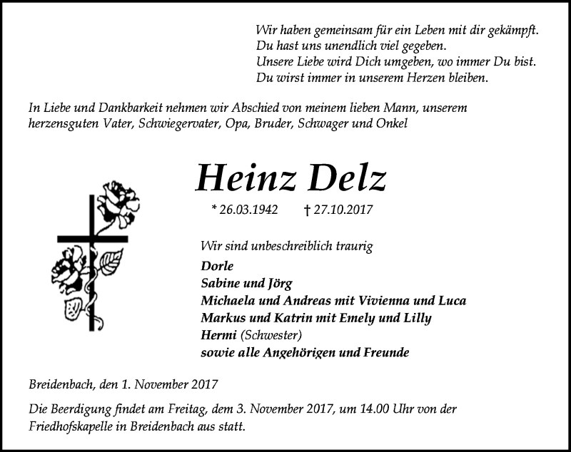  Traueranzeige für Heinz Delz vom 01.11.2017 aus Wetzlarer Neue Zeitung