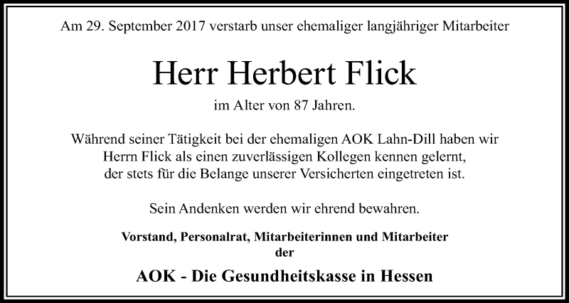  Traueranzeige für Herbert Flick vom 24.10.2017 aus Wetzlarer Neue Zeitung