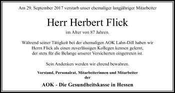 Traueranzeige von Herbert Flick von Wetzlarer Neue Zeitung