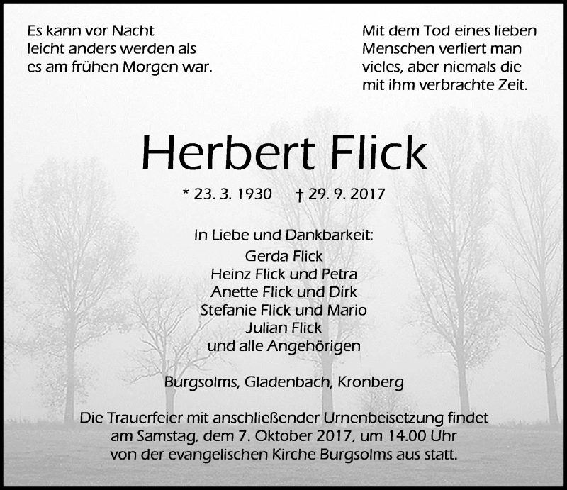  Traueranzeige für Herbert Flick vom 05.10.2017 aus Wetzlarer Neue Zeitung