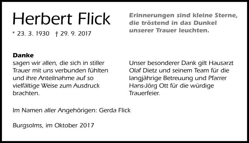  Traueranzeige für Herbert Flick vom 23.10.2017 aus Wetzlarer Neue Zeitung