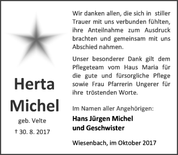 Traueranzeige von Herta Michel von Wetzlarer Neue Zeitung