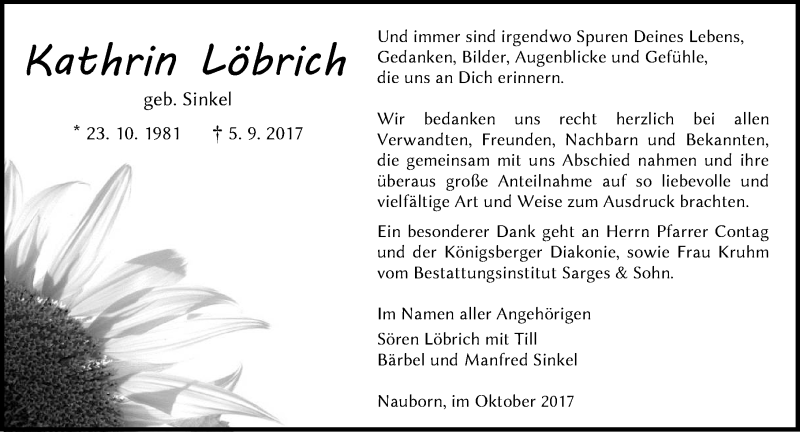  Traueranzeige für Kathrin Löbrich vom 14.10.2017 aus Wetzlarer Neue Zeitung