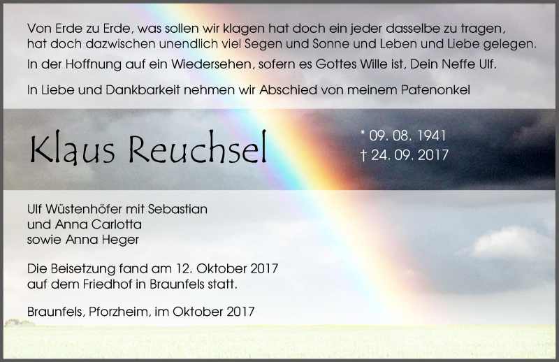  Traueranzeige für Klaus Reuchsel vom 14.10.2017 aus Wetzlarer Neue Zeitung