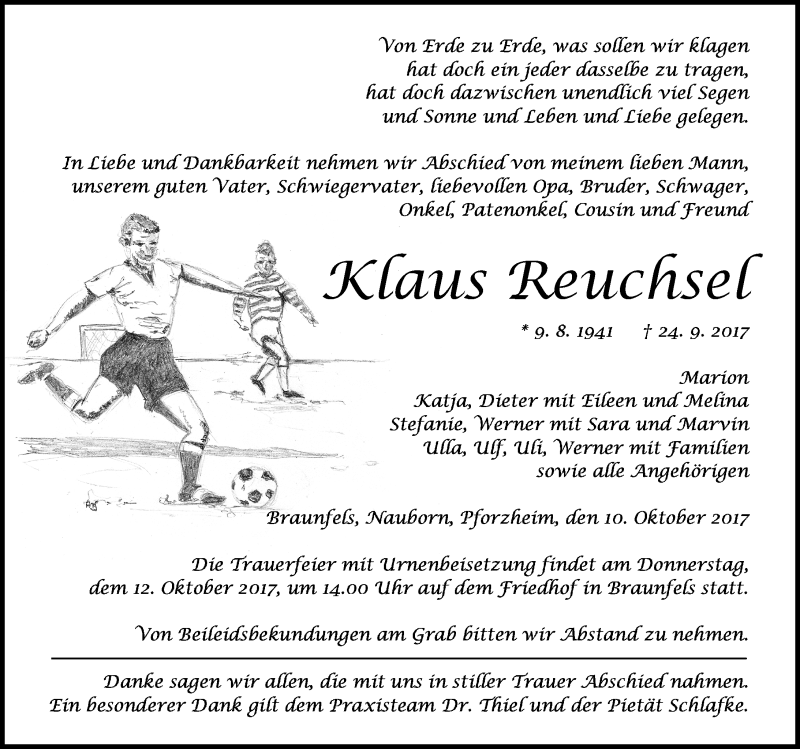  Traueranzeige für Klaus Reuchsel vom 10.10.2017 aus Wetzlarer Neue Zeitung
