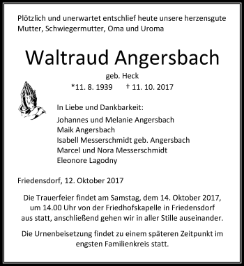 Traueranzeige von Waltraud Angersbach von Wetzlarer Neue Zeitung