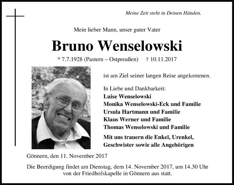  Traueranzeige für Bruno Wenselowski vom 11.11.2017 aus Wetzlarer Neue Zeitung