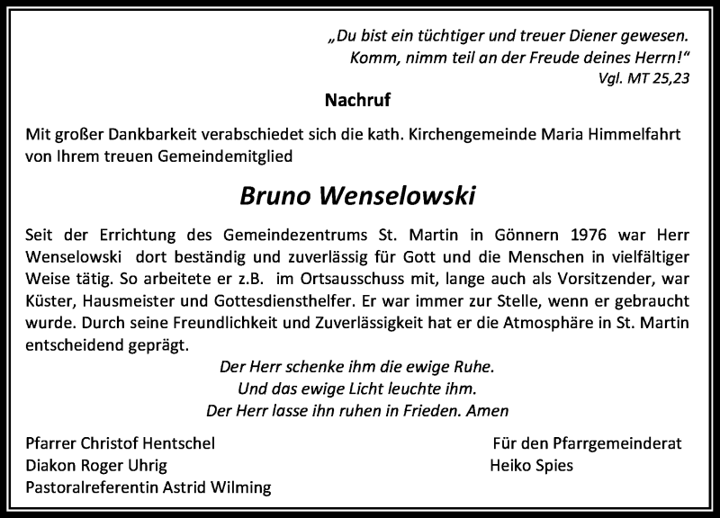  Traueranzeige für Bruno Wenselowski vom 22.11.2017 aus Wetzlarer Neue Zeitung