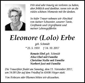 Traueranzeige von Eleonore Erbe von Wetzlarer Neue Zeitung