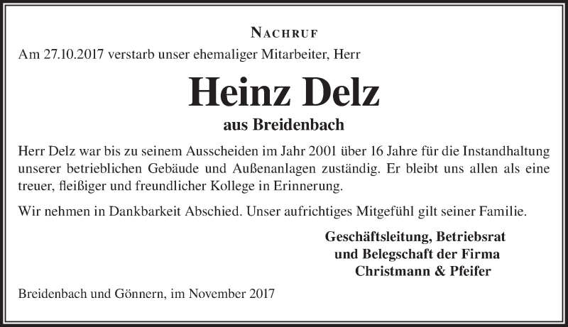 Traueranzeige für Heinz Delz vom 03.11.2017 aus Wetzlarer Neue Zeitung