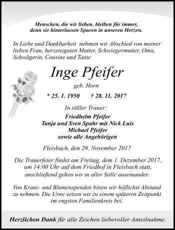 Traueranzeige von Inge Pfeifer von Wetzlarer Neue Zeitung