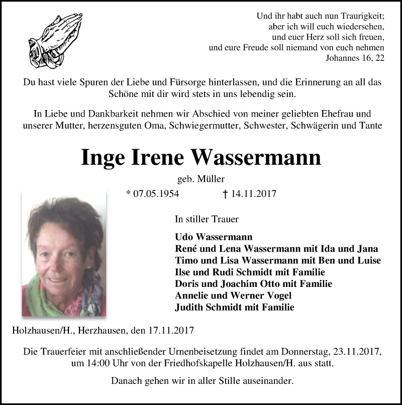  Traueranzeige für Inge Irene Wassermann vom 17.11.2017 aus Wetzlarer Neue Zeitung
