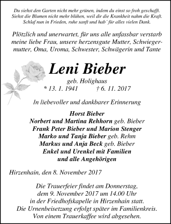 Traueranzeige von Leni Bieber von Wetzlarer Neue Zeitung