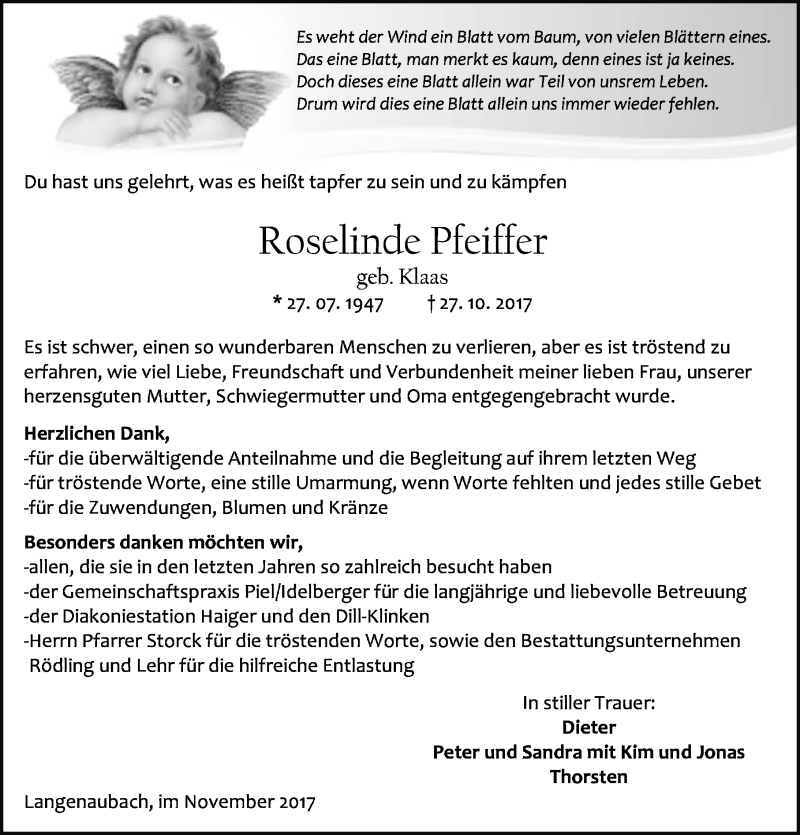  Traueranzeige für Roselinde Pfeiffer vom 25.11.2017 aus Wetzlarer Neue Zeitung