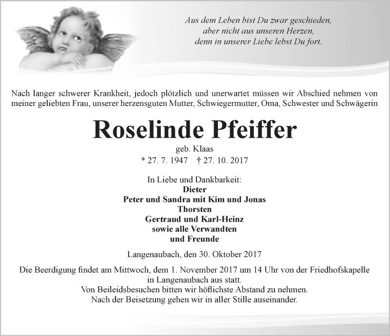  Traueranzeige für Roselinde Pfeiffer vom 30.10.2017 aus Wetzlarer Neue Zeitung