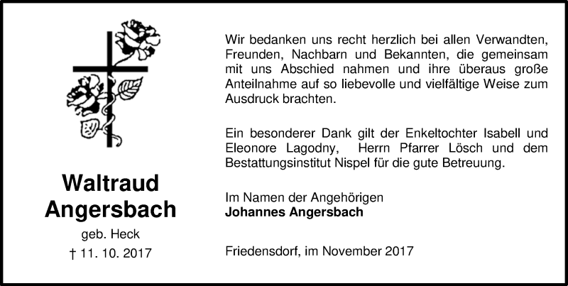  Traueranzeige für Waltraud Angersbach vom 14.11.2017 aus Wetzlarer Neue Zeitung