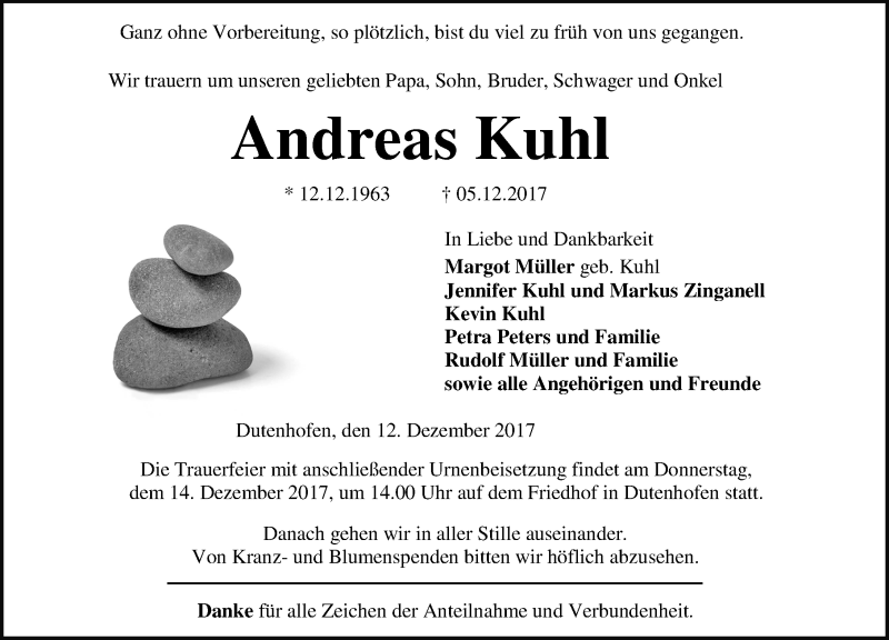  Traueranzeige für Andreas Kuhl vom 12.12.2017 aus Wetzlarer Neue Zeitung