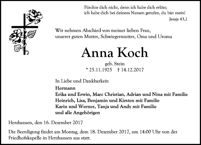  Traueranzeige für Anna Koch vom 16.12.2017 aus Wetzlarer Neue Zeitung