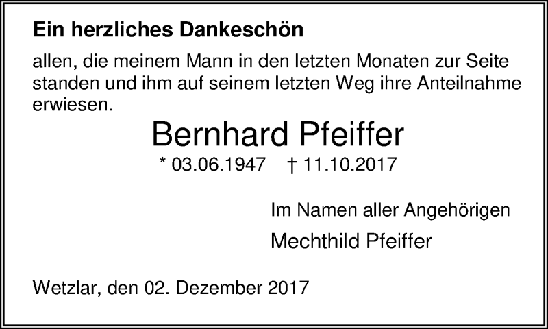  Traueranzeige für Bernhard Pfeiffer vom 02.12.2017 aus Wetzlarer Neue Zeitung